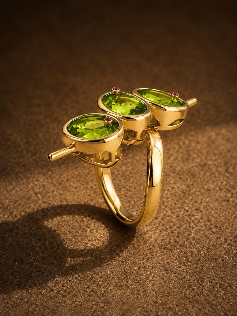 Gold Ring with Bright Peridot Trio - Picture 2 of 6
